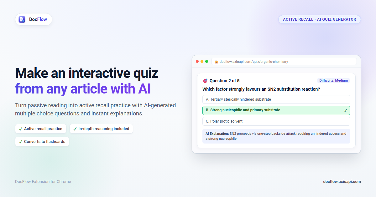 A multiple-choice quiz generated from an article, with the correct answer and explanation shown