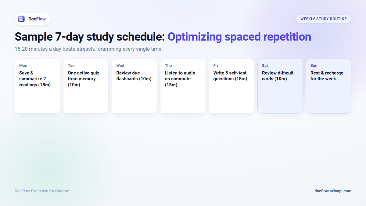 A sample week as a calendar with one study step per day