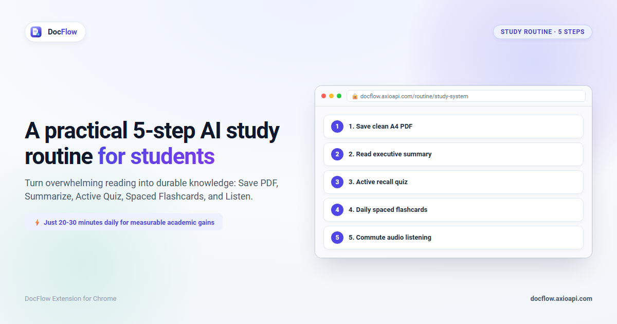 A study workflow with five steps shown as cards: save, summarize, quiz, review and listen
