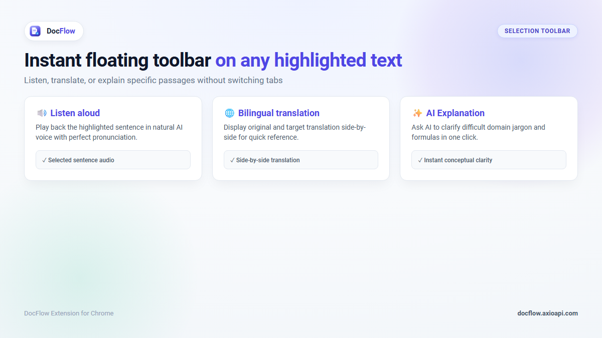 Selecting one paragraph shows listen, translate and explain options