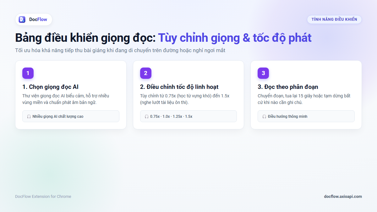 Giao diện công cụ Nghe với tùy chọn giọng AI, điều chỉnh tốc độ đọc và các nút phát