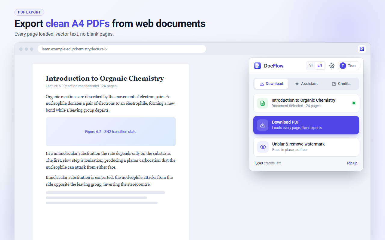 Illustration: exporting a page from the DocFlow panel